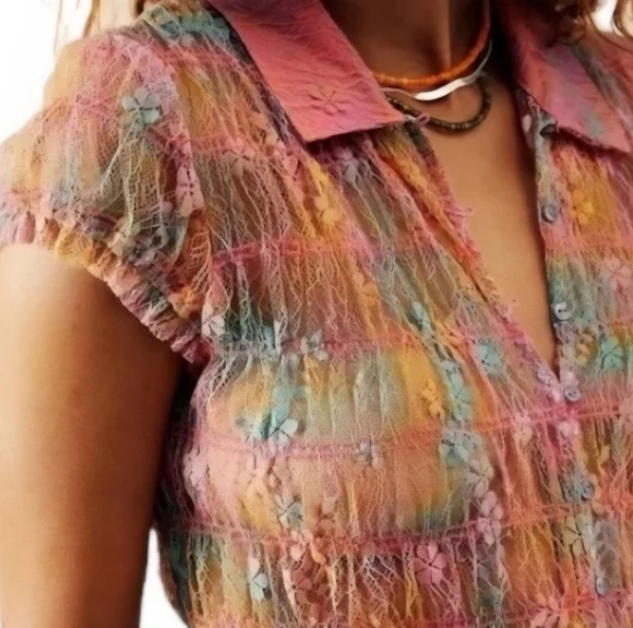 Free People Julie Printed Sheer Lace Mesh Smocked Top Tropical Sunset‎  Combo - Picture 11 of 14
